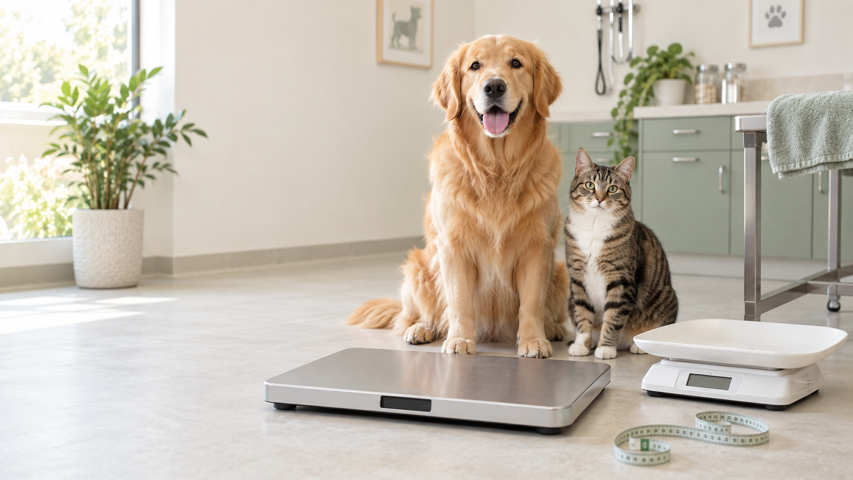 Healthy dog and cat beside clean veterinary scales and a measuring tape