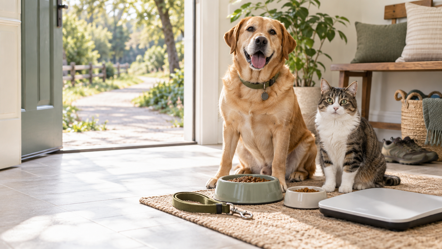 Dog and cat beside measured food bowls, a leash, and a blank pet scale