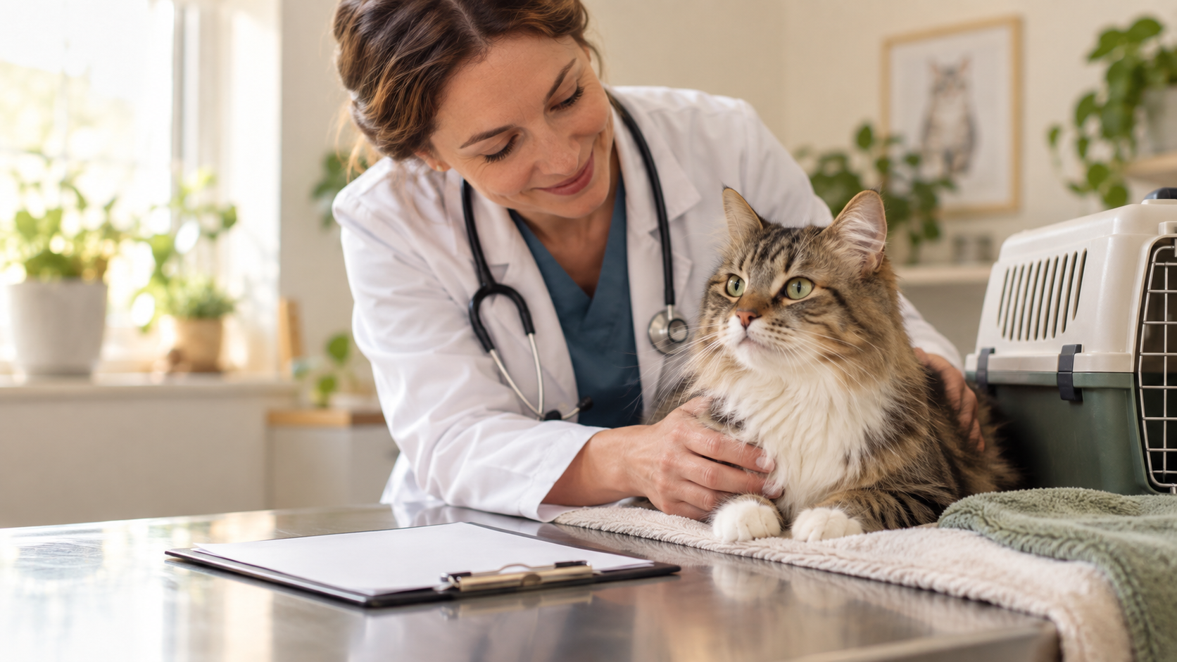 Cat at a preventive veterinary visit beside a blank vaccination certificate