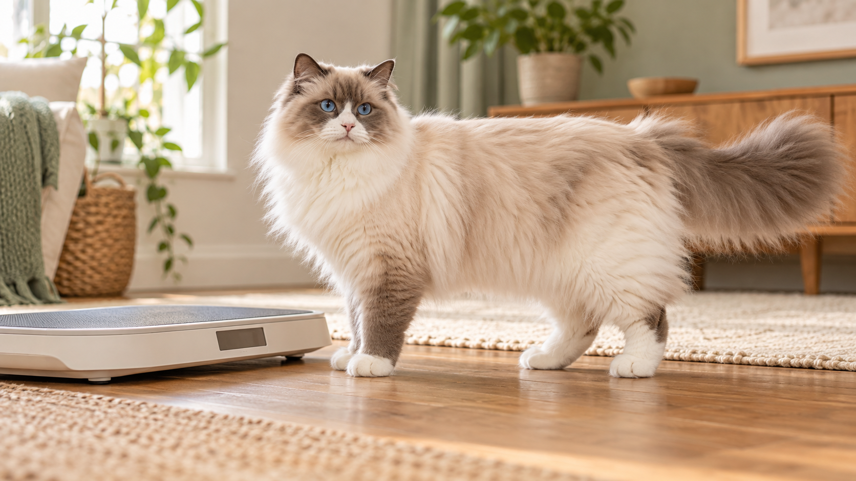 Healthy colorpoint Ragdoll cat standing beside a pet scale