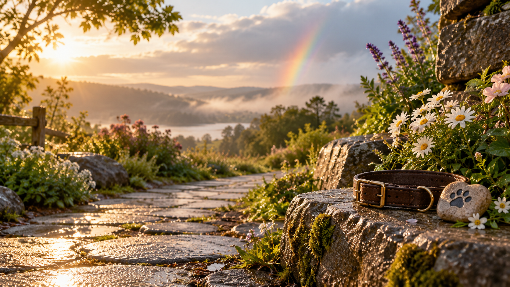 Gentle editorial scene for The Rainbow Bridge Poem