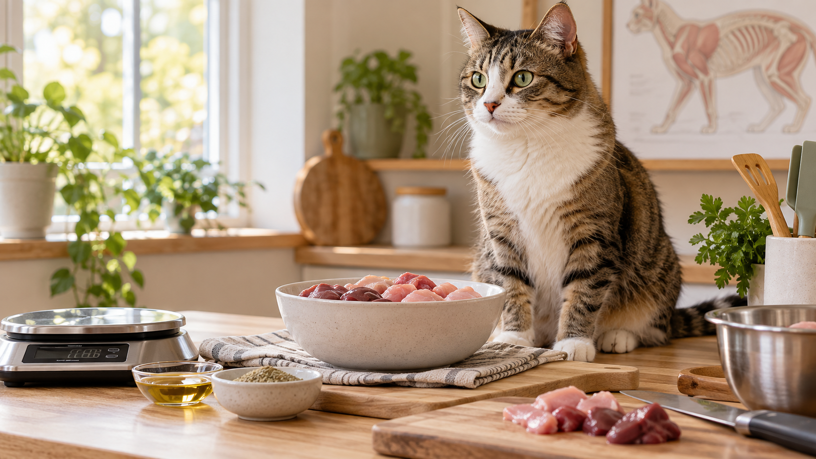 Cat beside a hygienic measured raw-feeding preparation area
