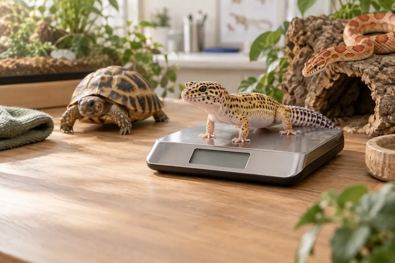 Leopard gecko on a gram scale with a tortoise and corn snake nearby