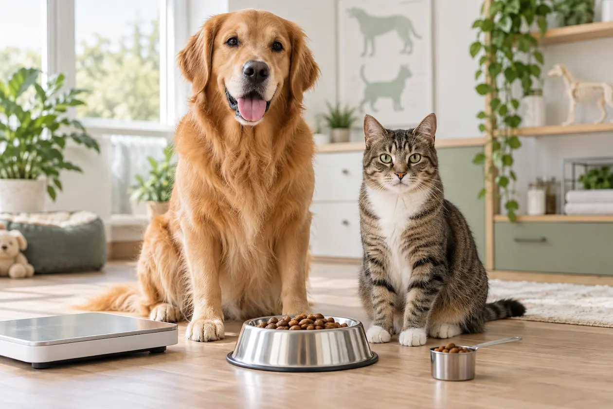 Healthy dog and cat beside a food bowl, measuring scoop, and pet scale for calculating daily calorie needs