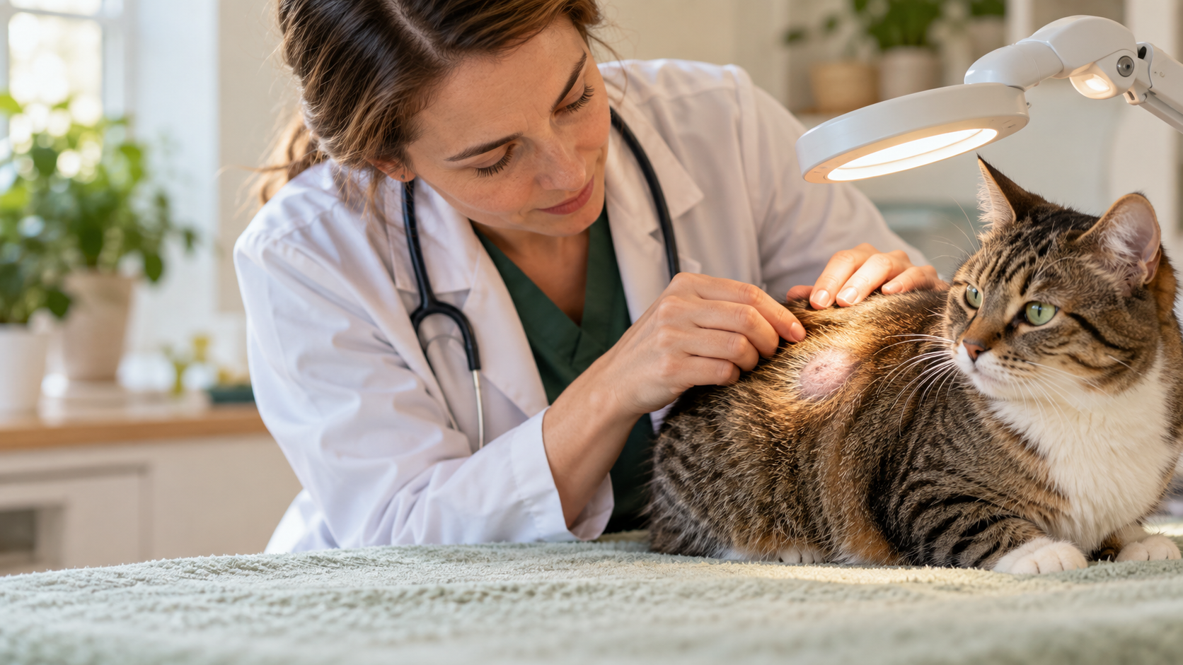 Veterinarian examining a small patch of thinning fur on a cat
