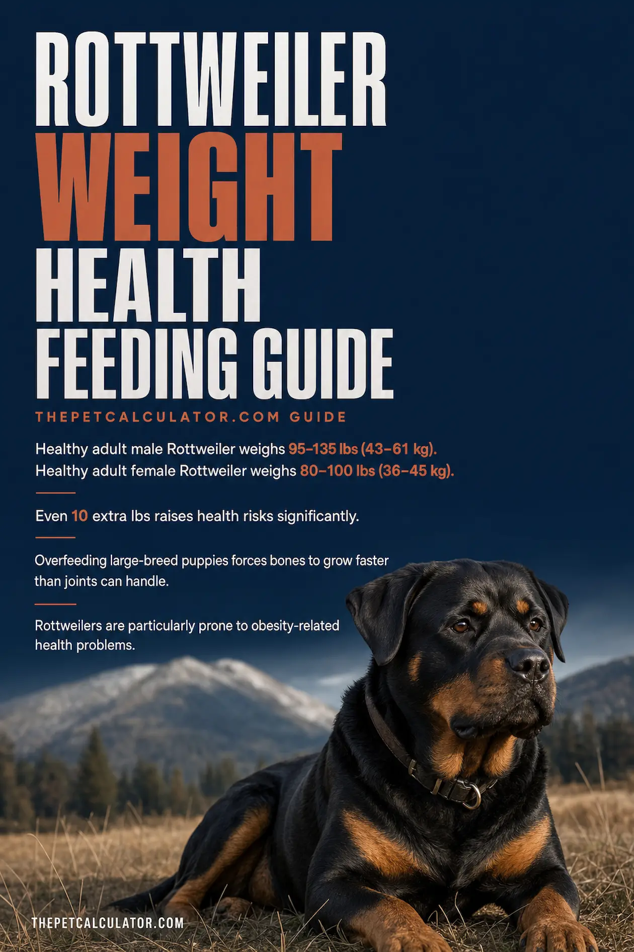 Rottweiler weight and health feeding guide infographic — caloric needs by life stage, body condition score, hip dysplasia and osteosarcoma prevention tips