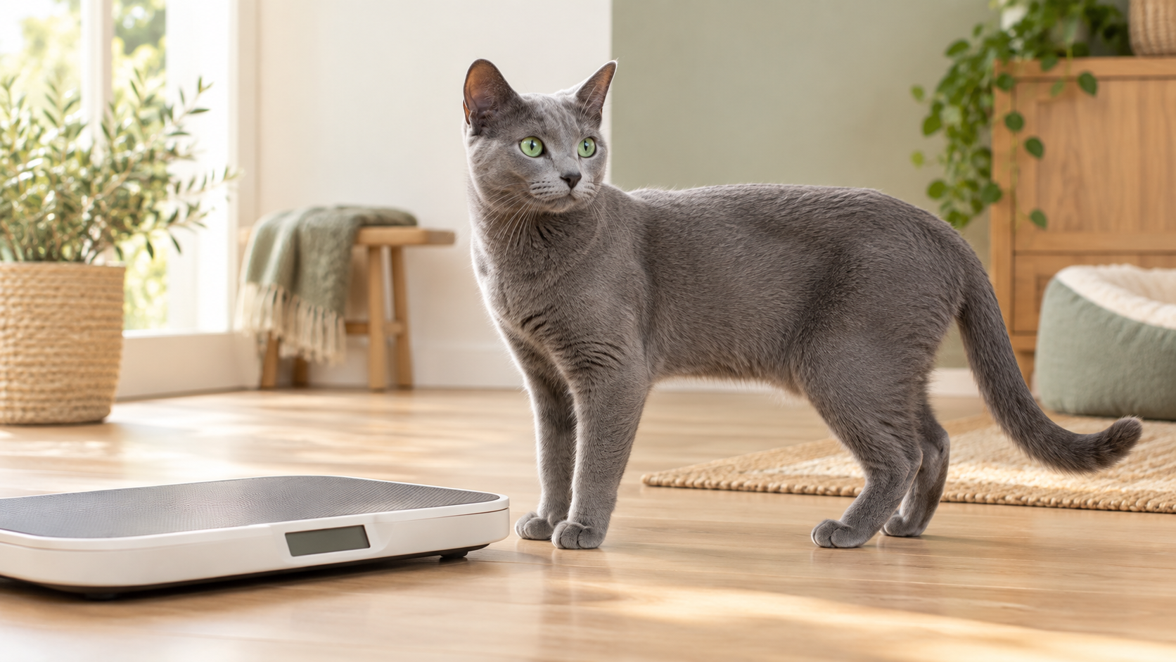 Healthy Russian Blue cat standing beside a pet scale
