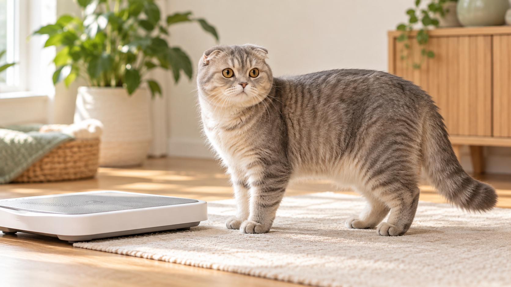 Healthy Scottish Fold cat standing beside a pet scale