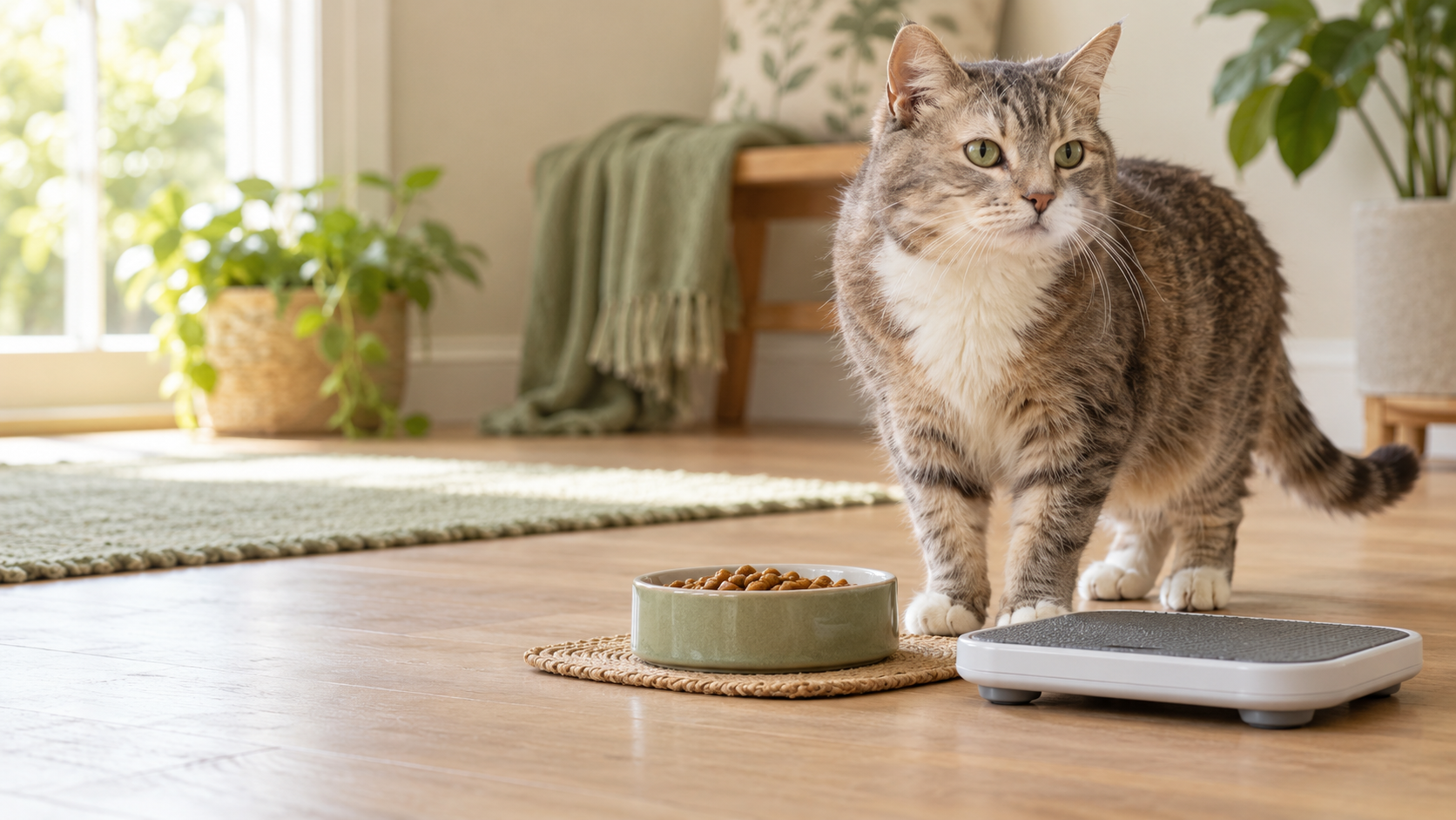 Healthy senior cat near a low-profile pet scale and measured food bowl