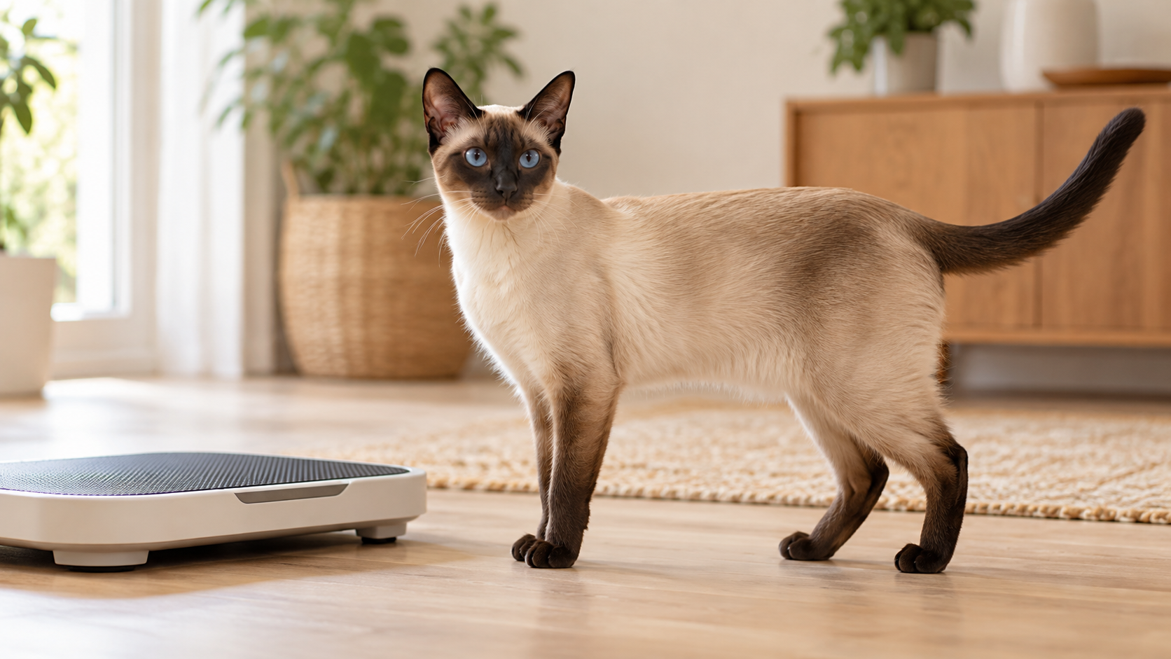 Healthy colorpoint Siamese cat standing beside a pet scale