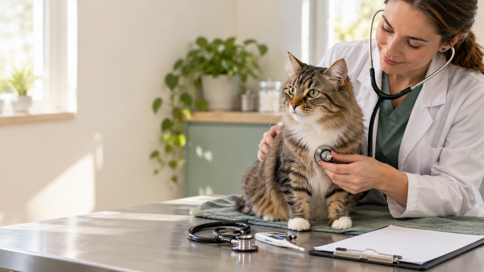 Cat receiving a calm general health examination from a veterinarian