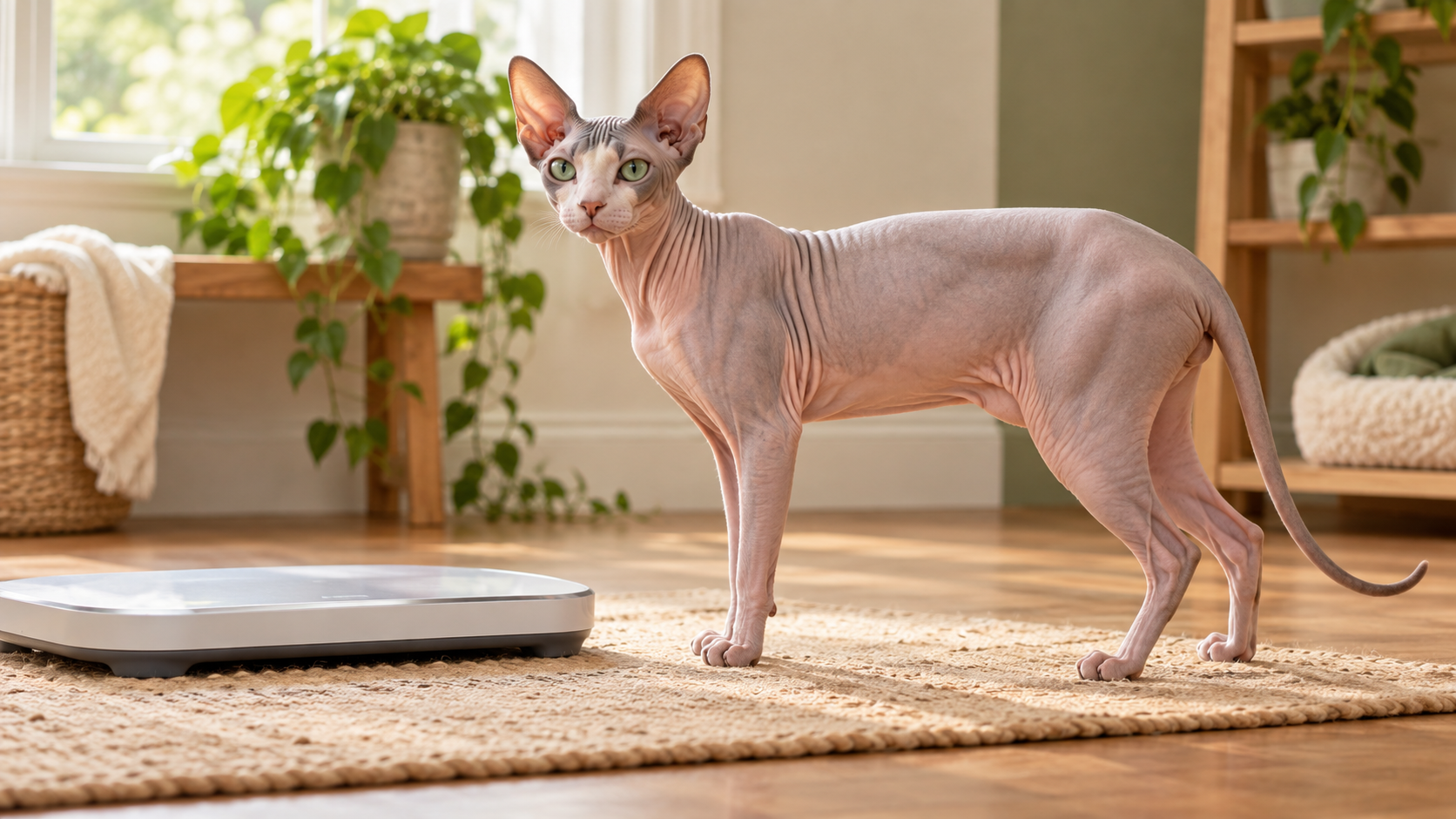 Healthy Sphynx cat standing beside a pet scale on a warm mat