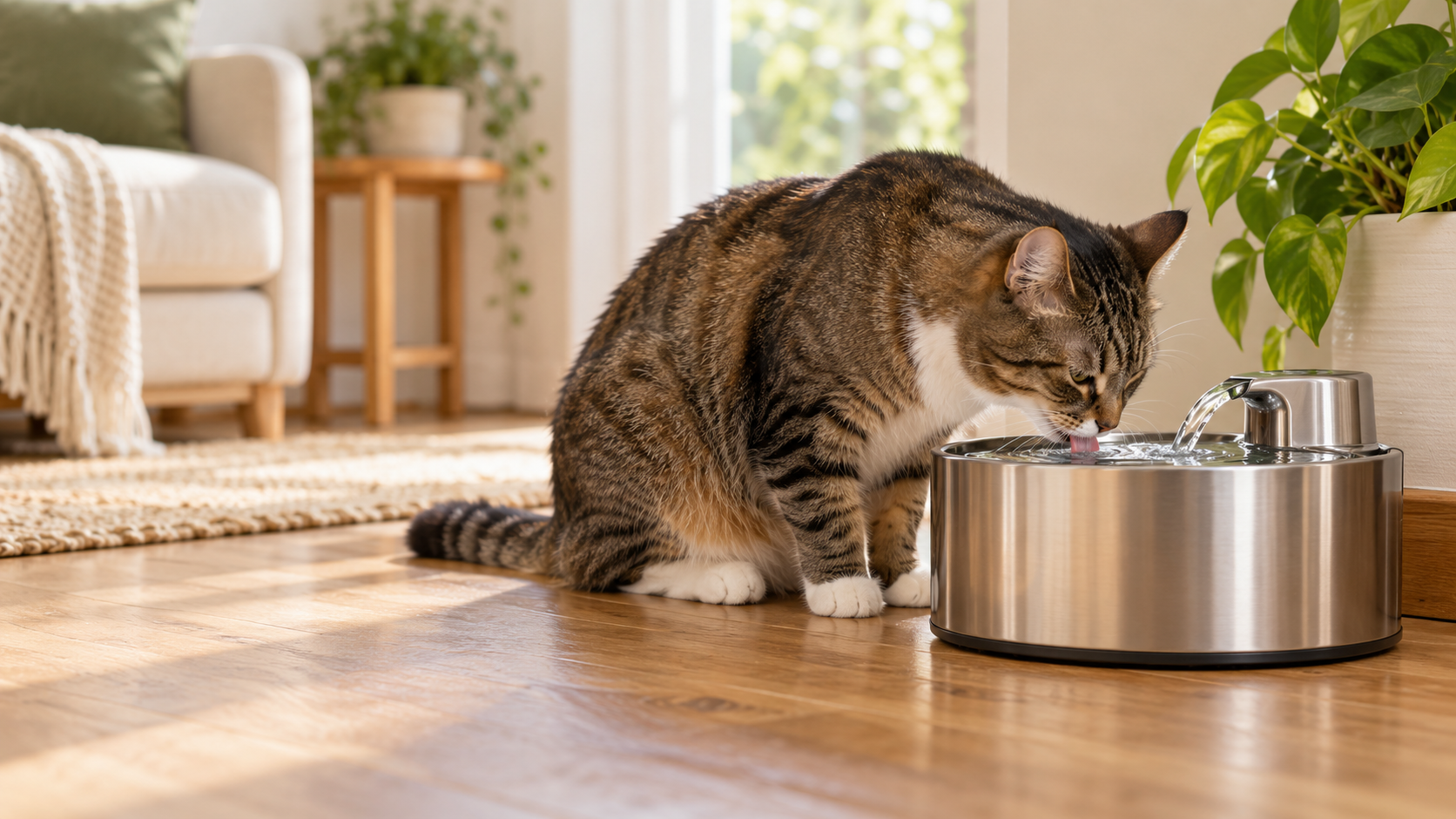 Adult cat drinking from a clean stainless-steel pet water fountain