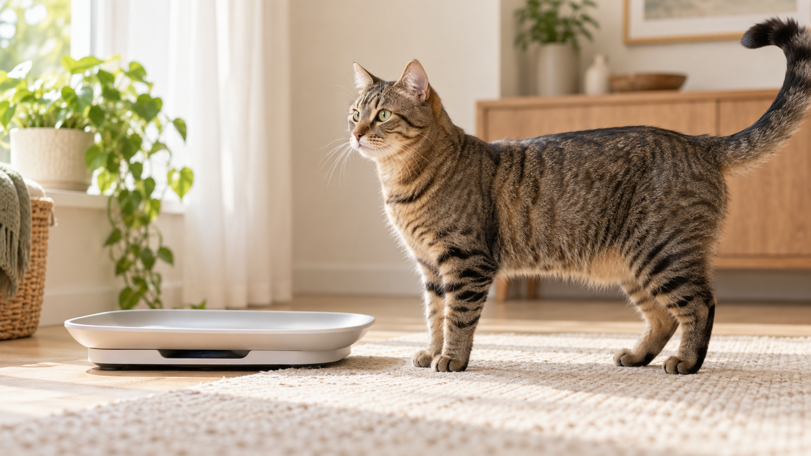 Healthy striped tabby cat standing beside a pet scale