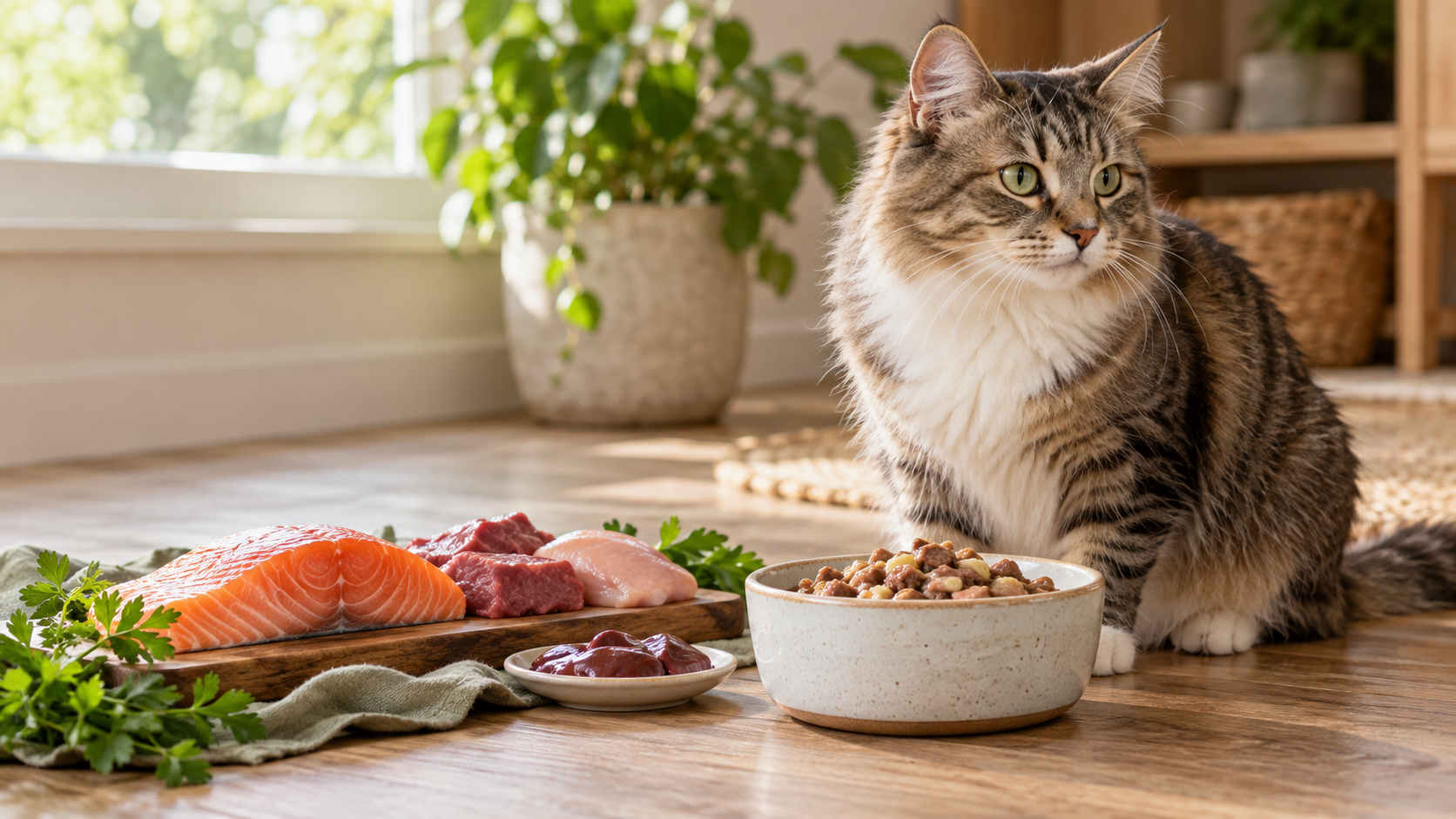 Cat beside quality food with subtle fish and meat ingredient cues