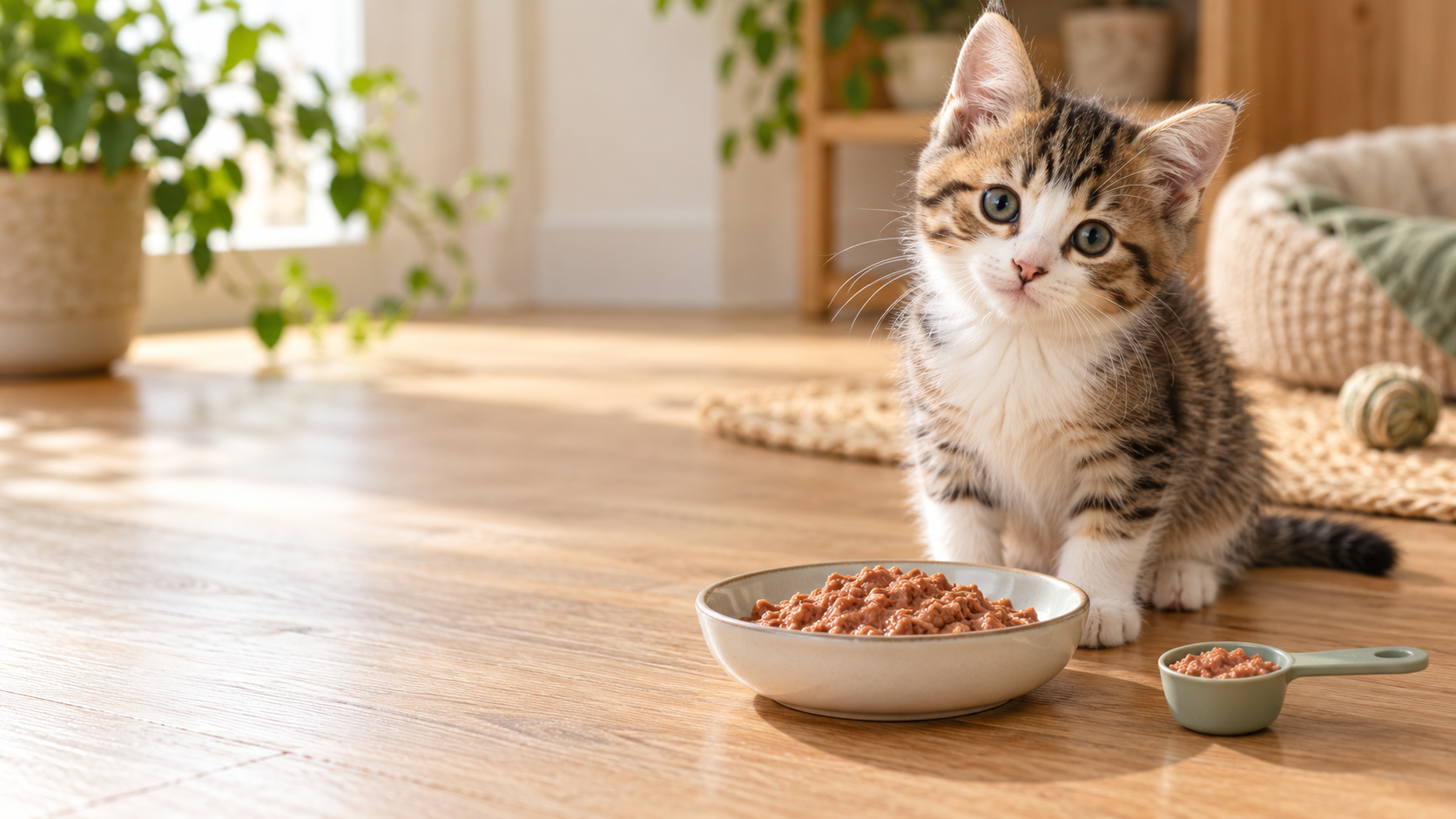 Healthy kitten beside a measured bowl of wet kitten food