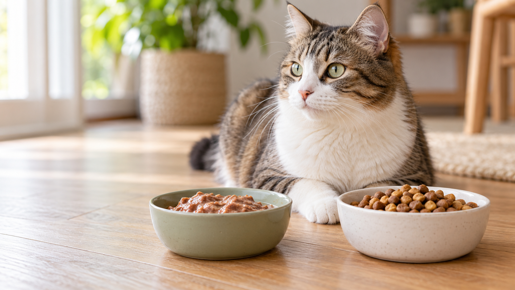 Editorial scene illustrating Wet vs Dry Cat Food