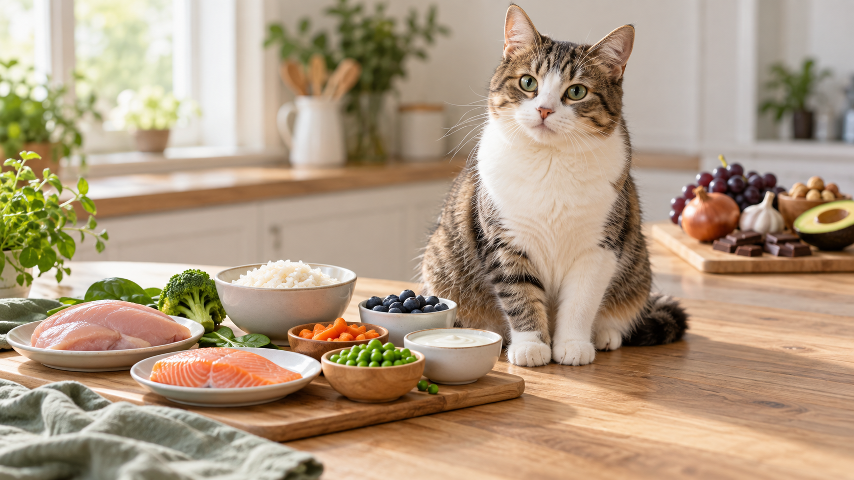 Editorial scene illustrating What Can Cats Eat? Safe and Toxic Human Foods