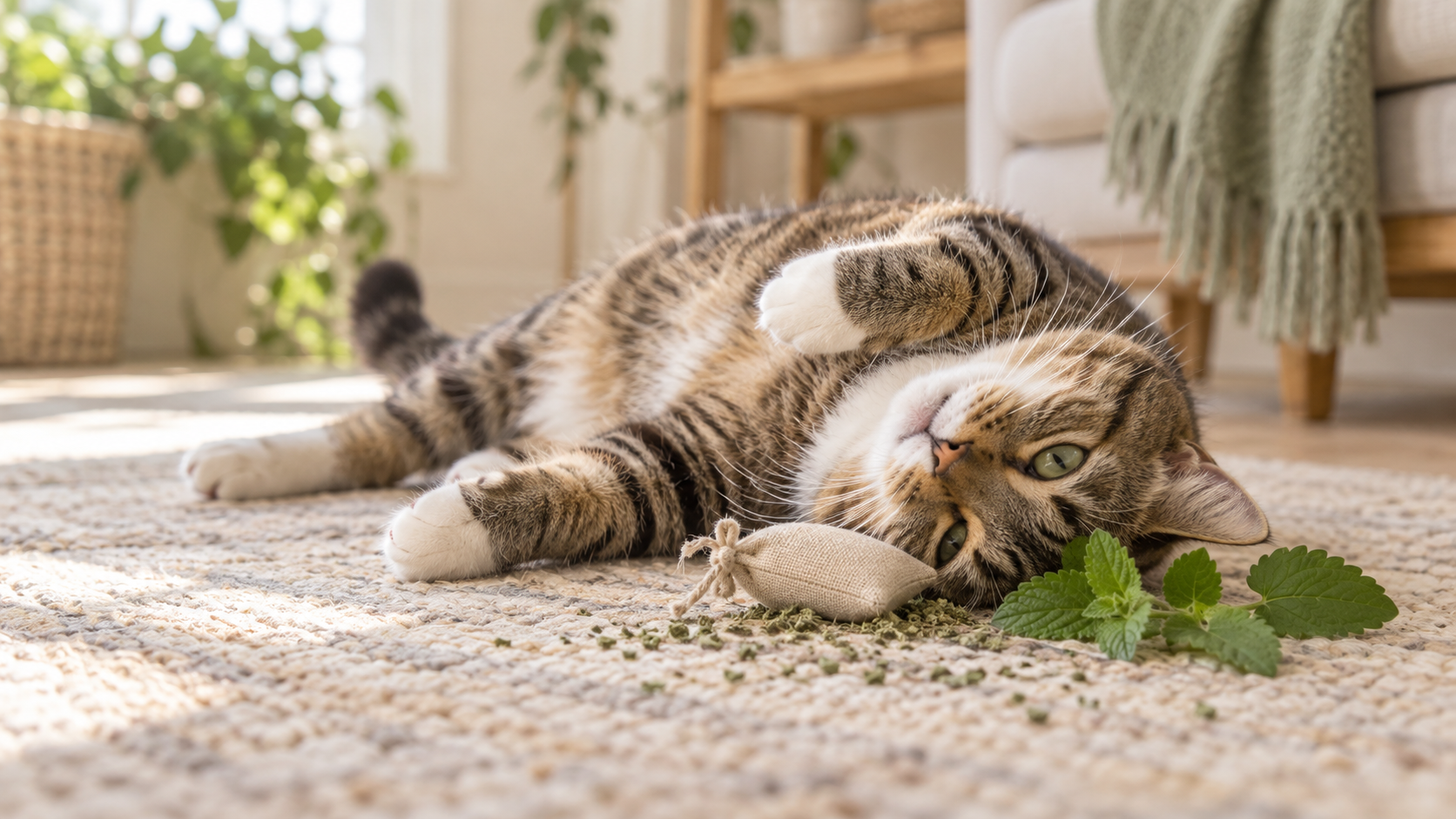Playful cat rolling beside a catnip toy and fresh catnip leaves