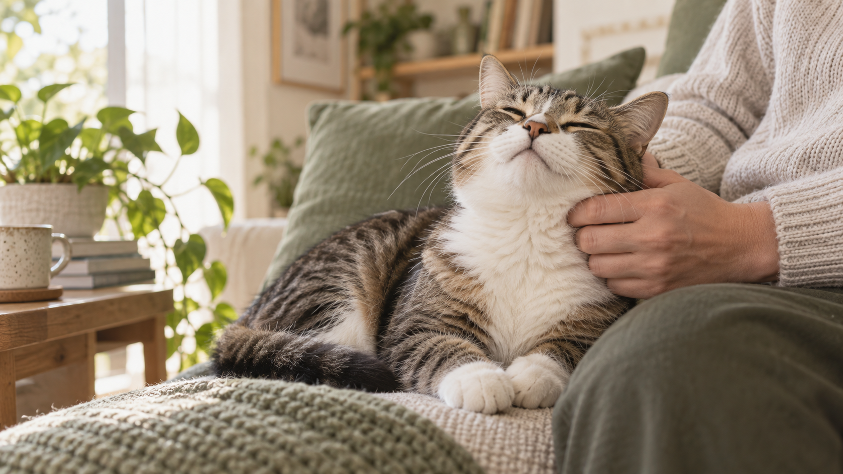 Relaxed cat resting against its owner while purring contentedly