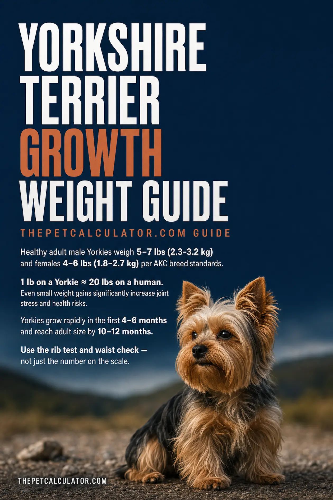 Yorkshire Terrier growth weight guide infographic — puppy weight milestones from 8 weeks to adult