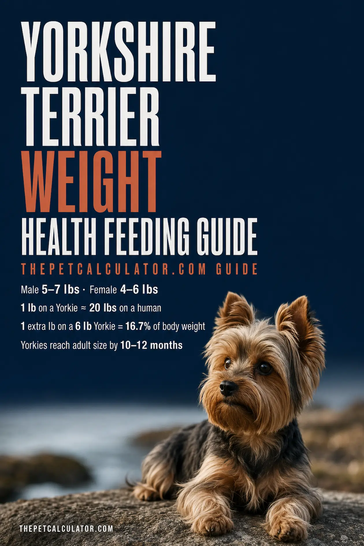 Yorkshire Terrier weight and health feeding guide infographic — caloric needs by life stage, body condition score, tracheal collapse prevention